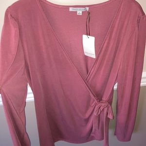 Green Envelope NEW w/tag. Tie Front wrap Blouse sz Large L Mauve Pink purple USA